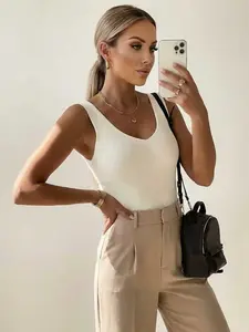 Women's Plain V-Neck Sleeveless Ribbed Knit Top, Casual Fitted Summer Fashion Sweater, Spring & Summer Daily Wear Everyday Womenswear Style