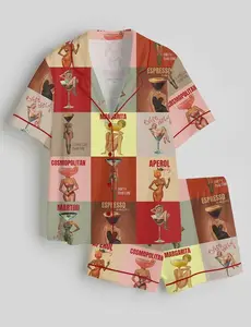 Women Cocktail Print Pajama Set Loose Comfort Short Sleeve Button Shirt Shorts Retro Pin Up Martini Cosmo Margarita Summer Sleepwear Bachelorette Night Casual Lounge Set