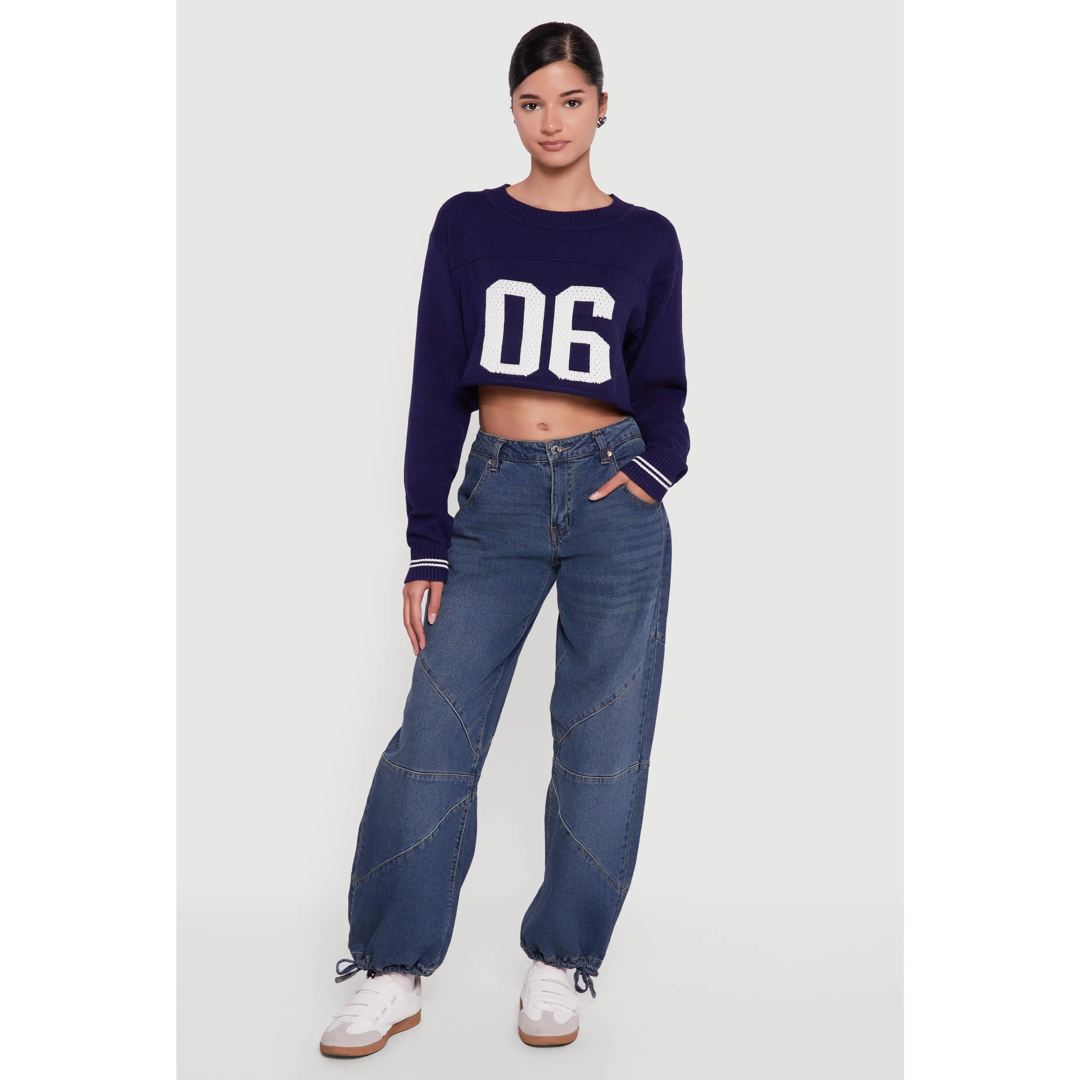 06 Graphic Varsity Stripe Detail Cropped Sweater