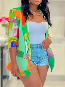 Women's Colorblock Print Blazer Coat, Casual Fitted Long Sleeve Multicolor Outerwear for Daily Wea
