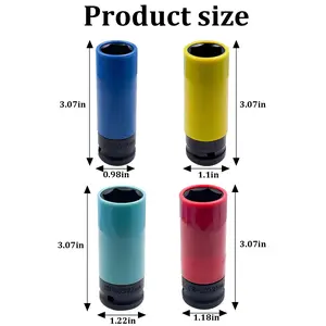 4 SIZES Impact Lug Nut Socket Set 1/2" Drive (17 19 21 22mm), Thin Wall Rim Protector, Wheel Safe, Color Coded Wheel Tool Kit for Cars Trucks SUVs