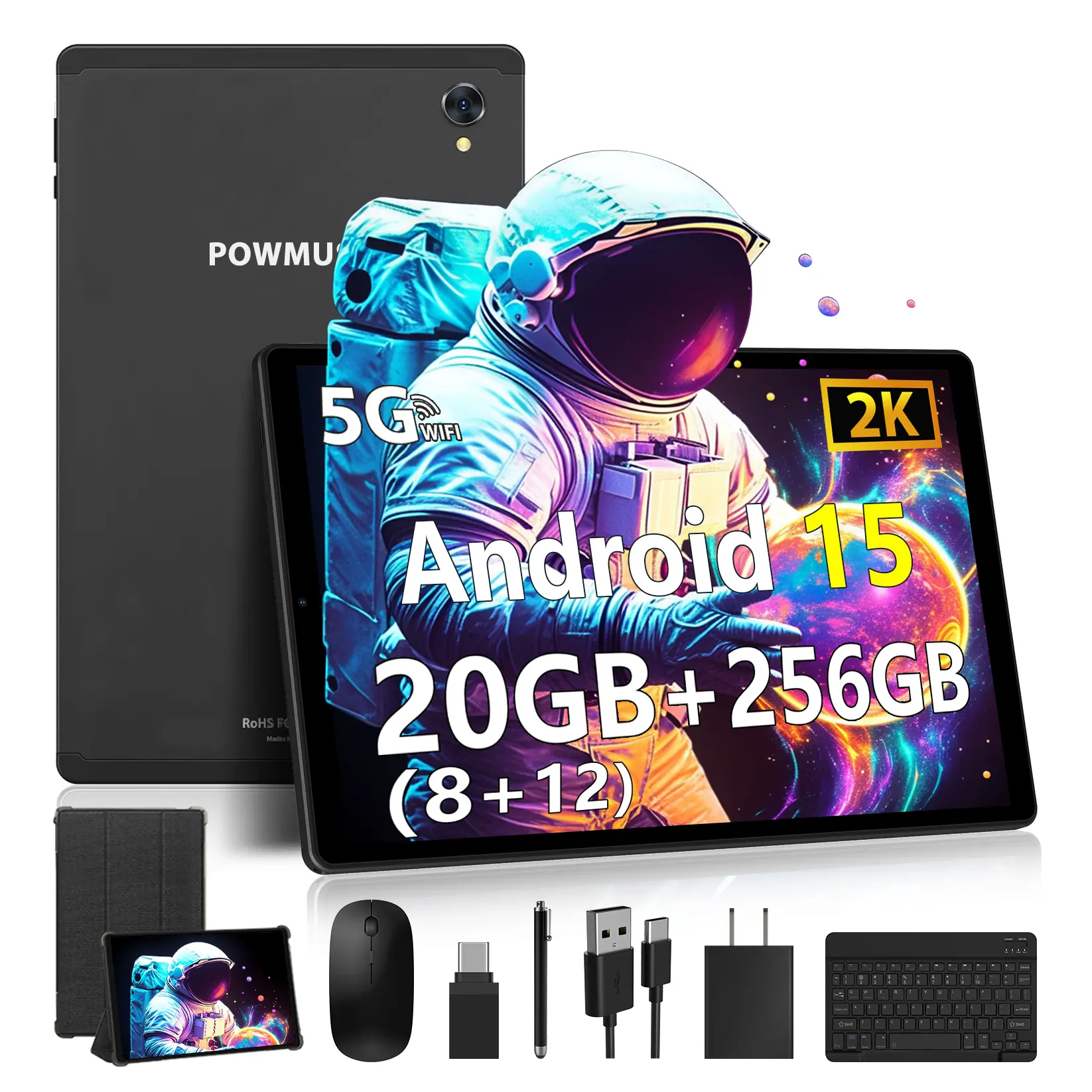 Android 15 Tablet, 10.4 Inch Tablet PC with Keyboard Mouse Case, 8GB RAM 256GB Storage, Octa-Core Processor, 8000mAh Battery, IPS Touchscreen, 8MP+13MP Camera, WiFi Bluetooth, Metal Body