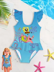 Girls' one-piece swimsuit "SpongeBob SquarePants Patrick Star Sweet Style" with blue background cartoon print + ruffled design, sweet, cute and energetic, creating a full atmosphere for summer pool/ beach outfits