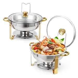 【GARVEE】2 Pack 5QT Stainless Steel Round Chafing Dish Buffet Set with Lid Holder and Glass Lid, Buffet Servers and Warmers for Parties, Weddings, Camping, and Dinners in Elegant Gold