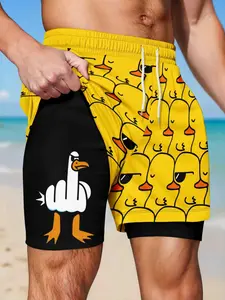 Men's Duck and Seagull Print Quick-Dry Shorts, Loose-Fit Drawstring Beach Sports Pants, Summer Street Style Casual Shorts