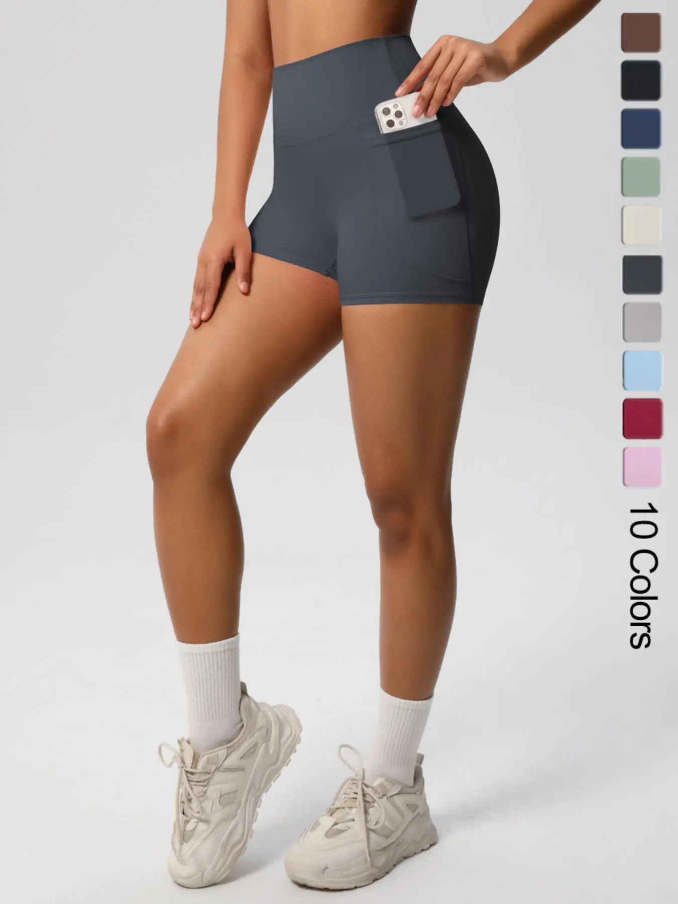 Women's Solid Color High Waisted Side Pocket Sports Shorts, Casual Comfy Breathable Butt-lifting Skinny Shorts for Yoga Gym Workout Running, Athletic Wear Shorts, Ladies Sportswear for Spring & Fall, Side Pockets Shorts, Gym Sportswear Bottoms