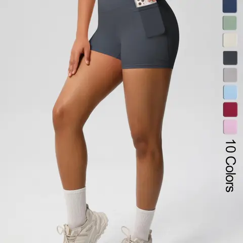 Women's Solid Color High Waisted Side Pocket Sports Shorts, Activewear Shorts, Casual Comfy Breathable Butt-lifting Skinny Shorts for Yoga Gym Workout Running, Ladies Sportswear for Spring & Fall, Side Pockets Shorts, Gym Sportswear Bottoms