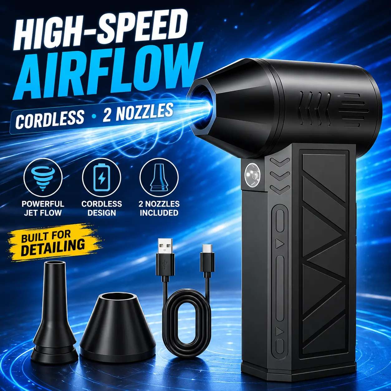 Cordless Handheld Compact 130000 RPM Turbo Air Blower, Practical Portable High-Speed Electric Blower with Dual Nozzles for Car Detailing, PC Cleaning (Sports & Outdoor, Camping & Hiking)