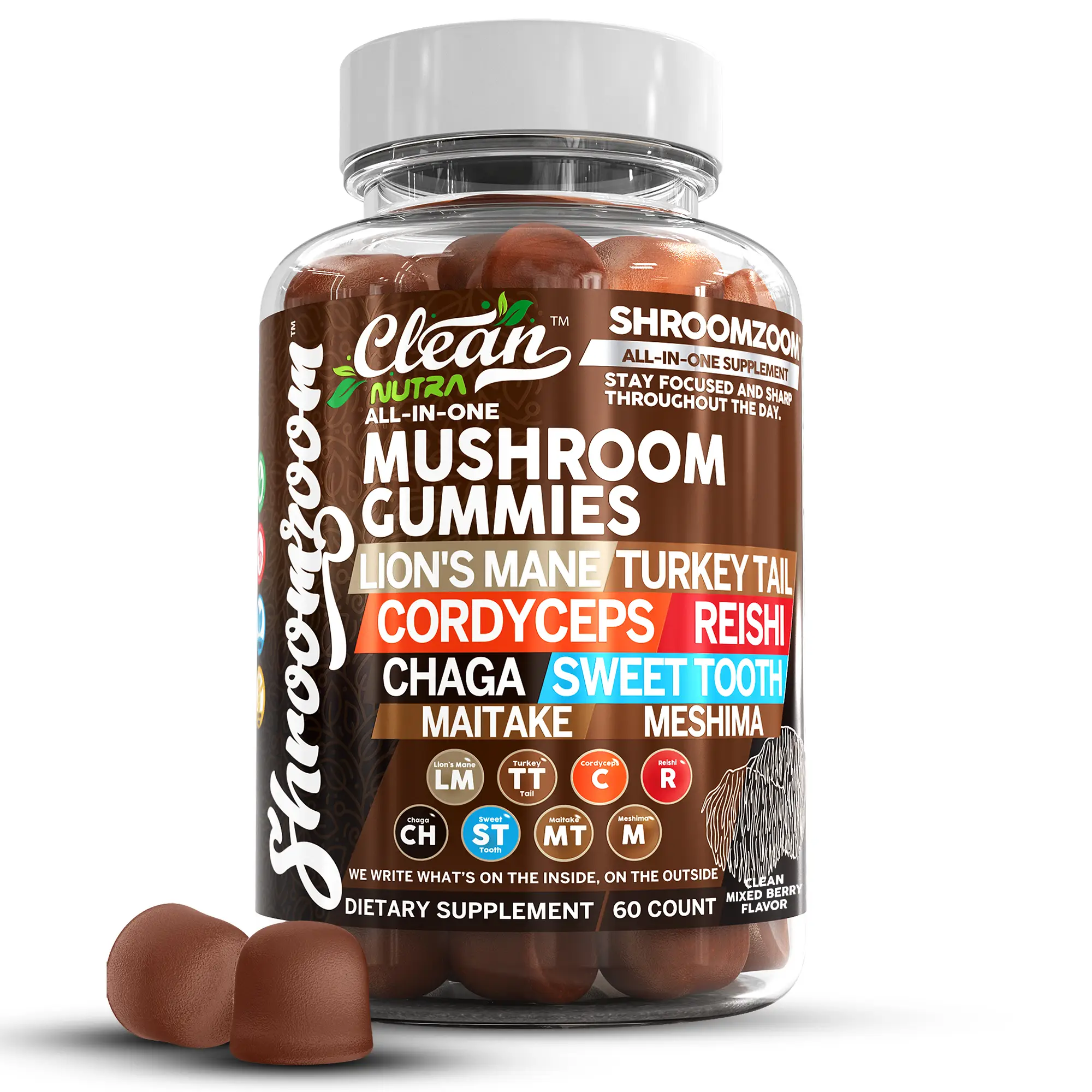 15in1 Mushroom Gummies with Lion's Mane Turkey Tail Cordyceps Reishi Chaga Sweet Toot Maitake Meshima Poria Cocos Shiitake Tremella, Oyster Mushrooms