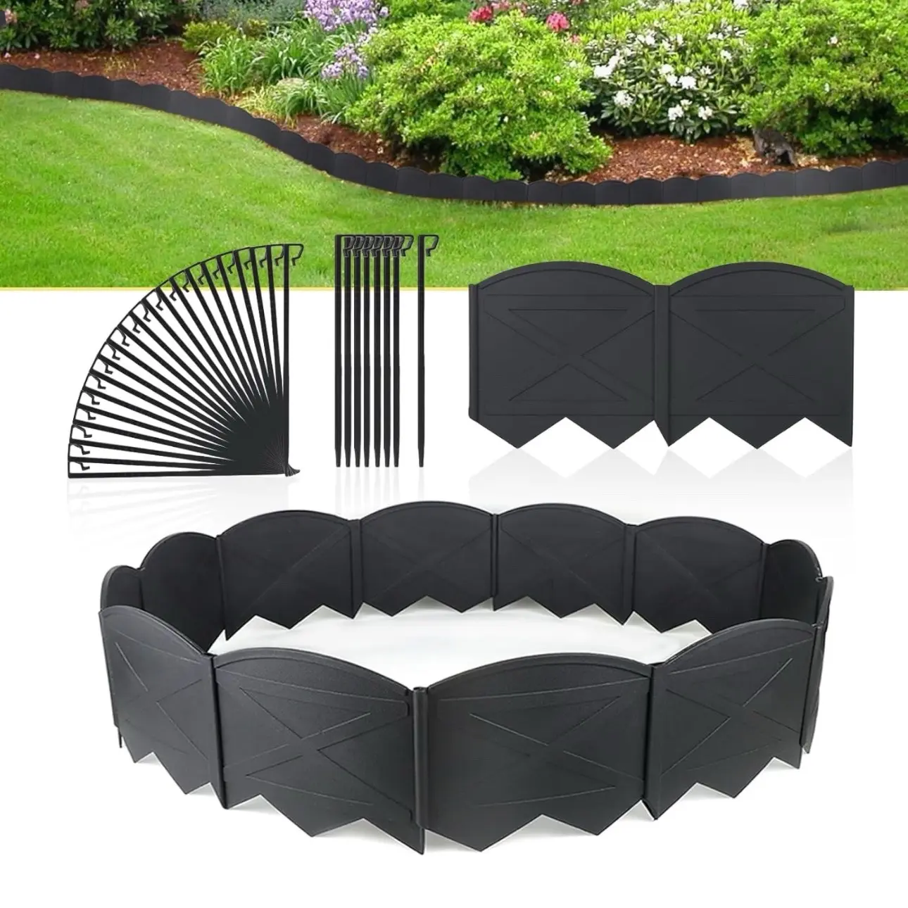 Plastic Garden Landscape Edging Borders - 20ft Length with 20 Black Anchoring Stakes, Decor Accessory for Home Improvement Garden Supplies
