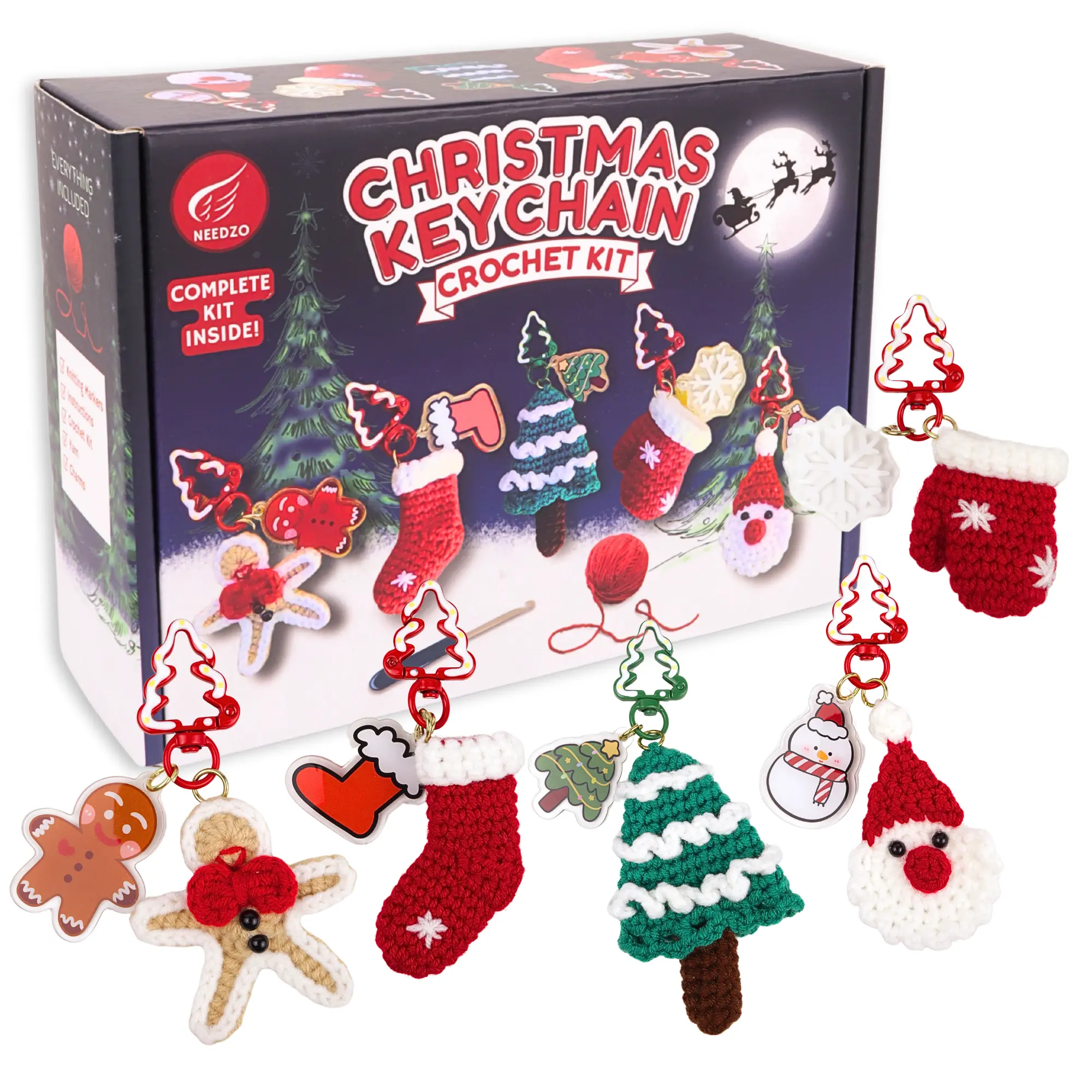 Christmas Keychain Crochet Kit, Holiday Amigurumi, All Supplies Included, Step-by-Step Video Tutorials, 5 Designs
