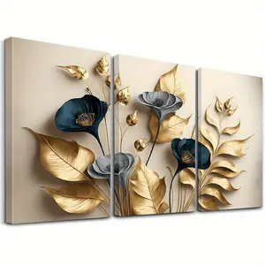 3 Piece Framed Leaf Wall Art Set, Floral & Leaf Decorative Artwork, Plant Canvas Painting, Gold Leaf Poster, Home Decoration Gift
