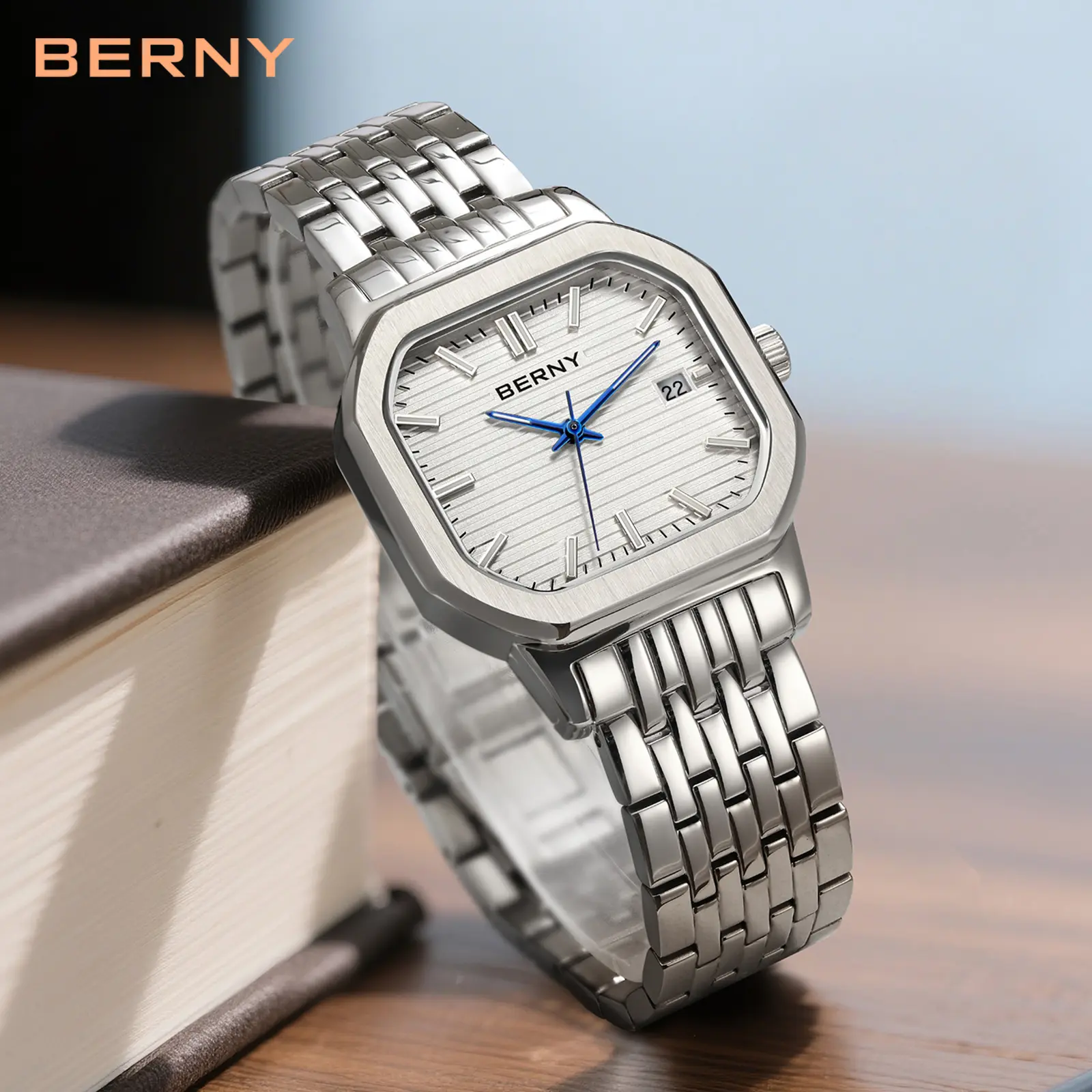 BERNY Silver Casual Watch for Men – Square Quartz Analog Wristwatch, All Stainless Steel, 30M Water Resistant, Super Luminous, Adjustable Bracelet, Classic Men's Business Fashion Style, Gift for All Occasions, Reloj de Hombre, Father's Day, Summer Wins