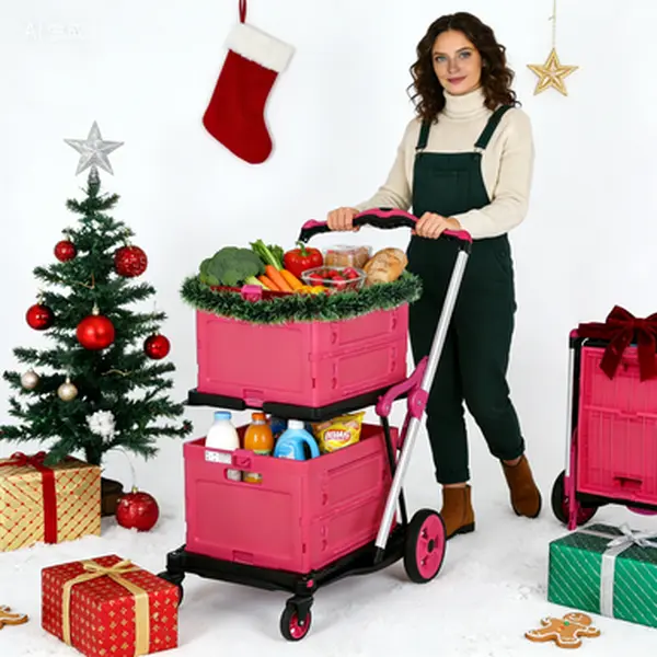 (Double frame)Foldable Utility Cart with Wheels,2 Layers Multifunctional Folding Cart for Cosmetic Organizer,Grocery,Office,Warehouse,Garden, Double Layers Foldable Shopping Cart,Folding Trolley for Luggage Heavy duty (Blue/RED/PINK/Purple)