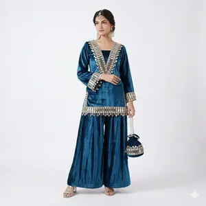 Velvet Mirror Work Panjabi in Two Colors Indian Design without Dupatta - Glamour Team