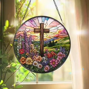 Christian Cross Stained Acrylic Suncatcher, Floral Sunrise Window Hanging, Faith Gift for Mom, Religious Home Decor, Easter or Memorial Gift