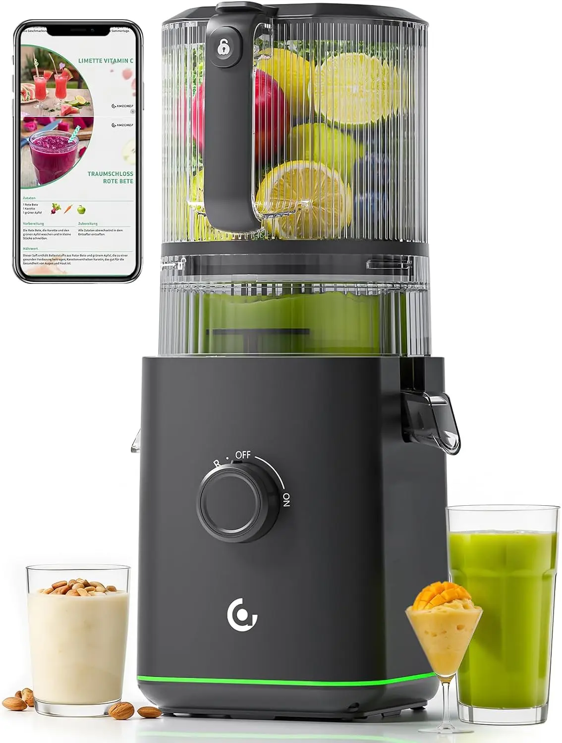 3-IN-1 Cold Press Juicer for Juice, Nut Milk & Sorbet - Self Feeding Juicer Machines with Pre-Cut Blade, 6.5"&100oz Extra Large Chute Fits Whole Fruits & Vegetables, High Yield, Easy Clean