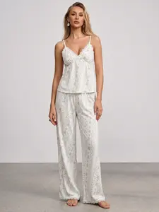 [NEW] Azazie Rayon Floral Print Contrast Lace Trim Wide Leg Pajamas Sleepwear Lounge Set