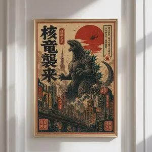 Japanese Wall Art - Vintage Godzilla Unframe Poster, Asian Ukiyo-e Giant Sea Monster Art, Kaiju Artwork, Japanese Poster for Retro Home Decor