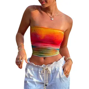 Women Y2K Tie Dye Tube Tops Summer Strapless Backless Floral Print Crop Tops Cute Boho BandeauTops