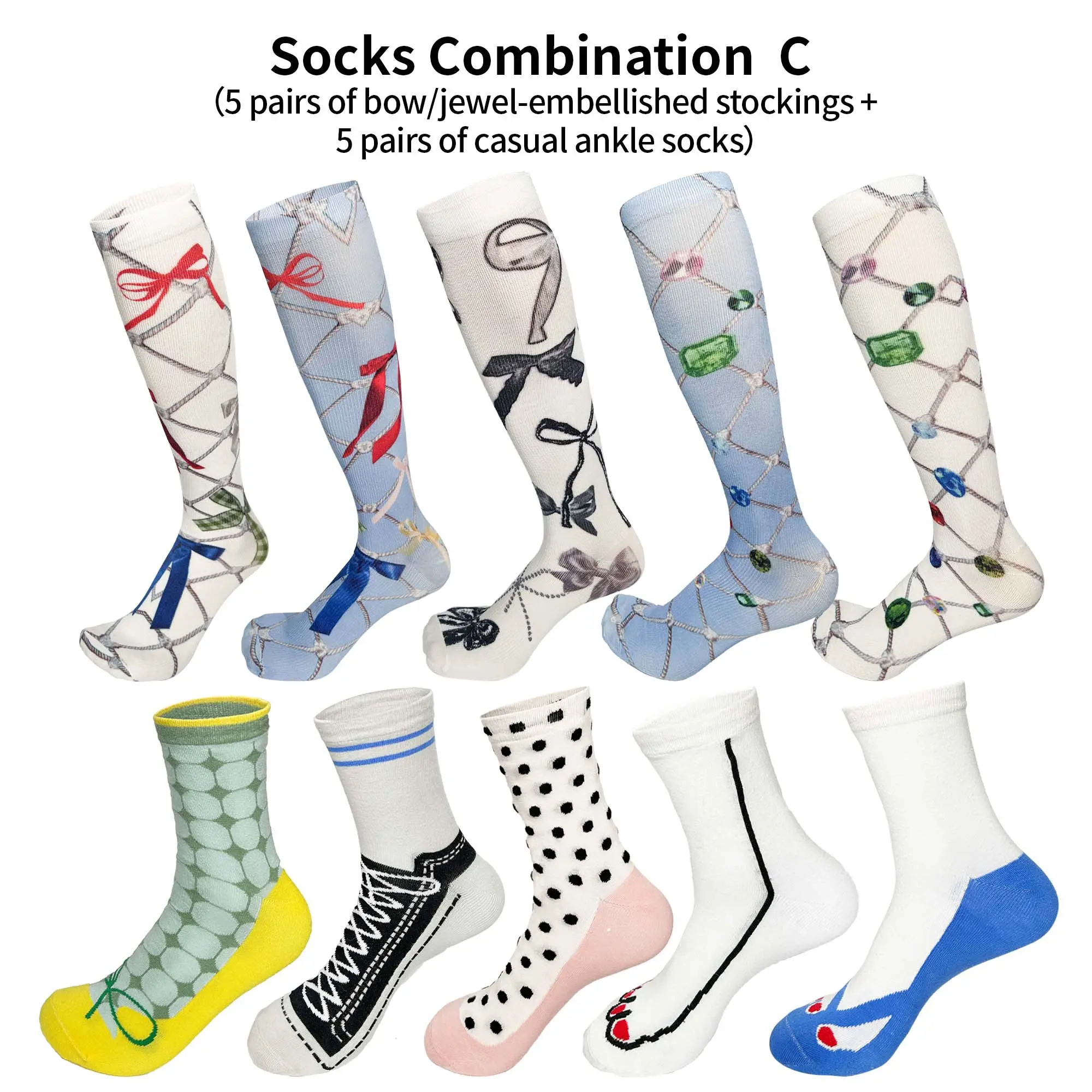 Trendy Designer Socks Set-C 10 Pairs with Y2K Element Mix-and-Match for Casual Wear Comfortable and Stylish Socks Combination