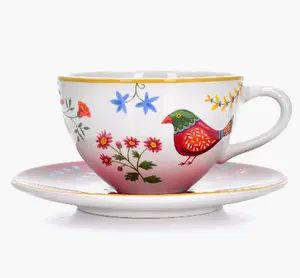 10-OZ Folk Art Inspired Ceramic Cup and Saucer