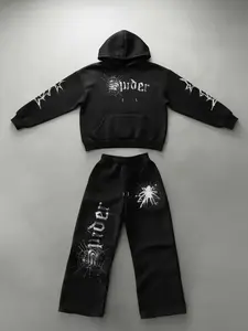Men's Spider Web Print Hoodie Set, Hooded Sweatshirt & Wide Leg Pants, Loose Fit, Casual High Street Style, Fall & Winter