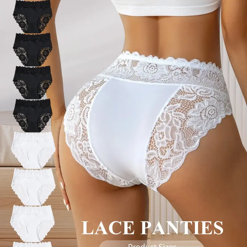 4/6/8/10-pack Women's Lace Trim Underwear, High Waist Tummy Control Seam Deatil Panties, Sexy Slim Fit Hollow Out Floral Pattern Briefs, Women's High Quality Soft Triangle-Cut Panties, High Rise Panties, High Waisted Panties, Lace Shaper Panties