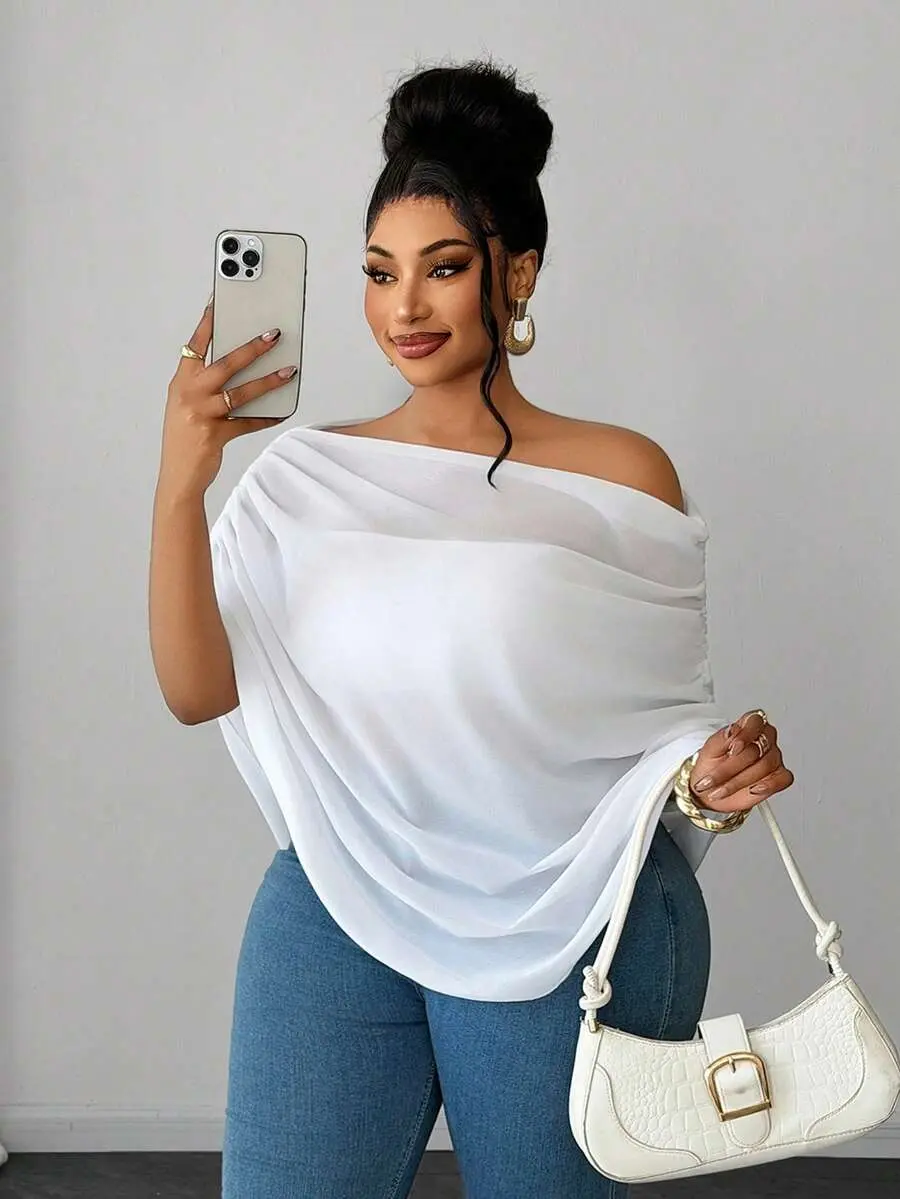 White Chiffon Asymmetrical Shoulder Top For Women