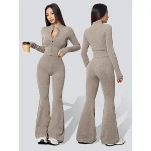 Women's Two-Piece Set, Fall & Winter Knit Plaid Jacket with Zipper, High-Waisted Leggings, Casual Yoga Fitness, Casual Workout Loungewear