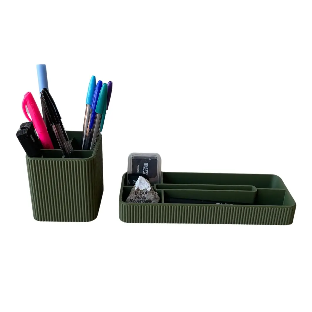Minimalist Desk Organization Ribbed Pen Pencil Holder Set with Multi-Compartment Tray for Office Home Use Modern Decorative Storage Solution