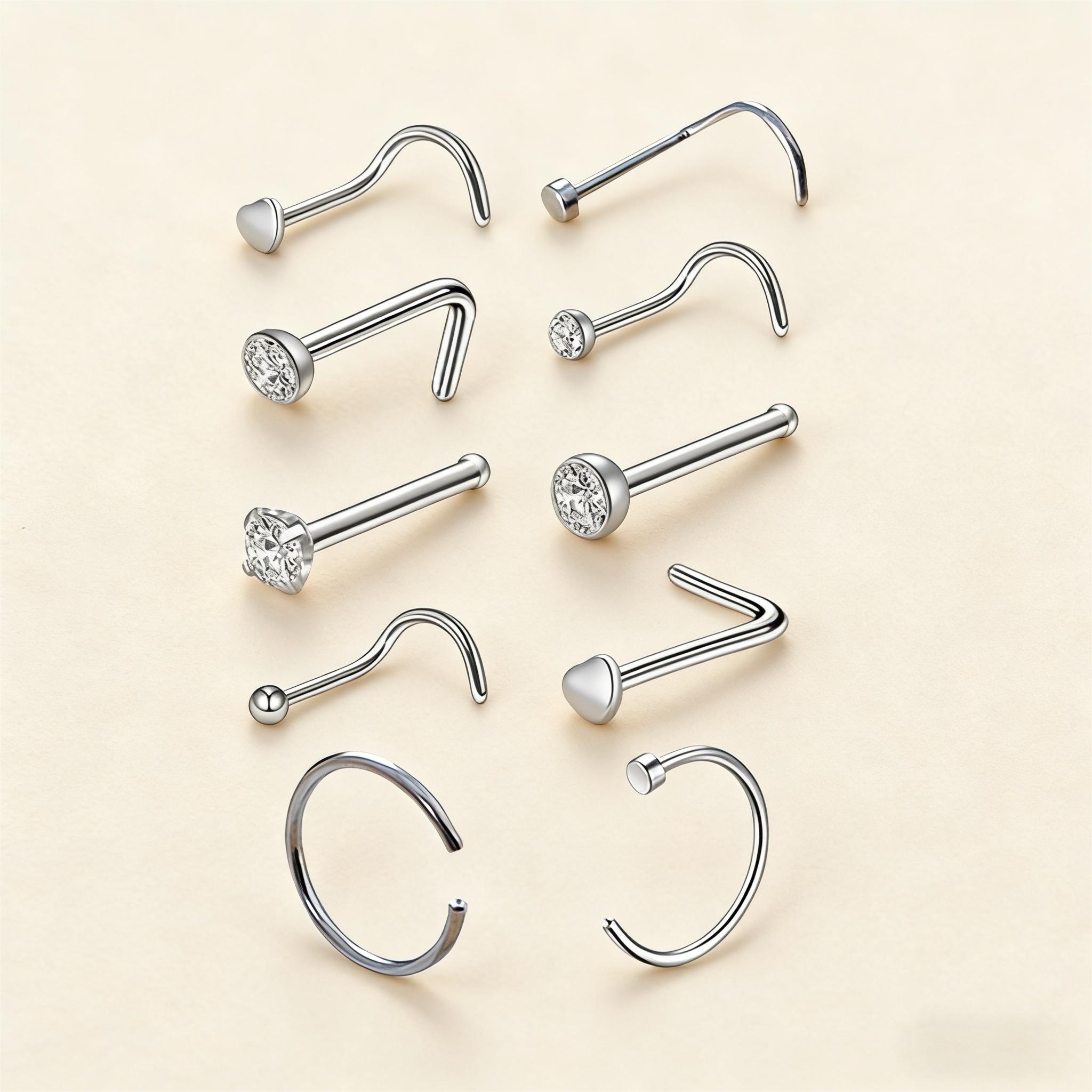 10PCS Nose Studs Set, 316L Stainless Steel CZ Nose Rings, Hypoallergenic Nose Jewelry