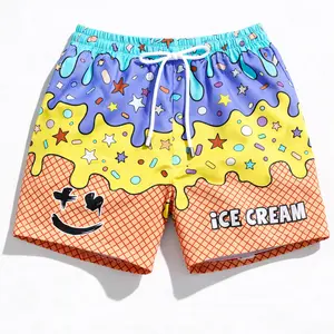 Mens Graphic Swim Trunks Y2K Ice Cream Drip Print Cartoon Beach Shorts All Over Sprinkle Doodle Elastic Drawstring Relaxed Fit Novelty Board Shorts Pop Art Streetwear Vacation Pool Party Resort Cruise Surf Water Park Festival Seaside Holiday Summer Outfit