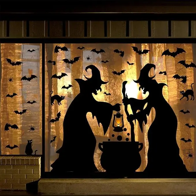 Halloween Window Clings Decorations Extra Large Witch Window Stickers with Black Cat Bats Spider & Cauldron, Reusable Halloween Window Decals for Glass Doors Home School Office Indoor & Outdoor Party Decor 3 Sheets