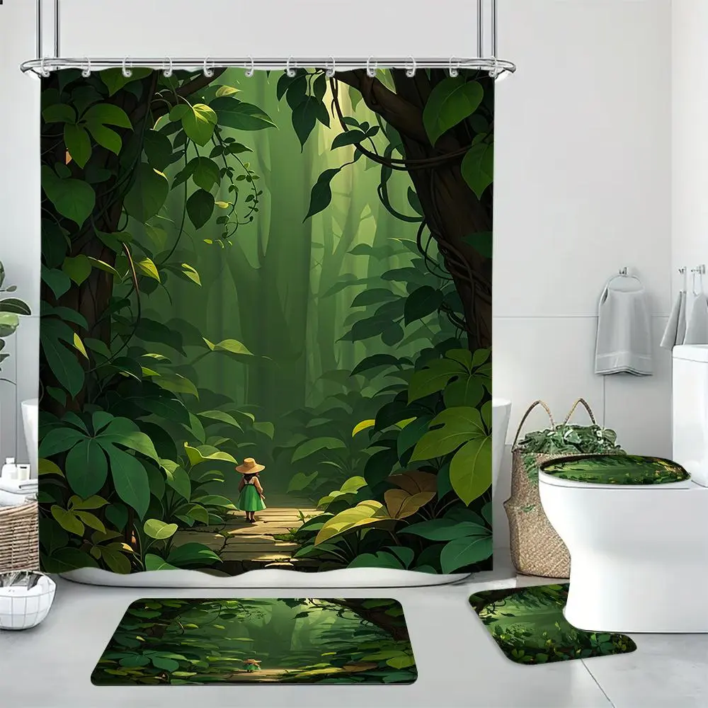 Jungle Themed Bathroom Decor Set, 1 Shower Curtain & 1 Toilet U-shape Mat & 1 Rectangular Mat & 1 Toilet Lid Cover, Bathroom Accessories