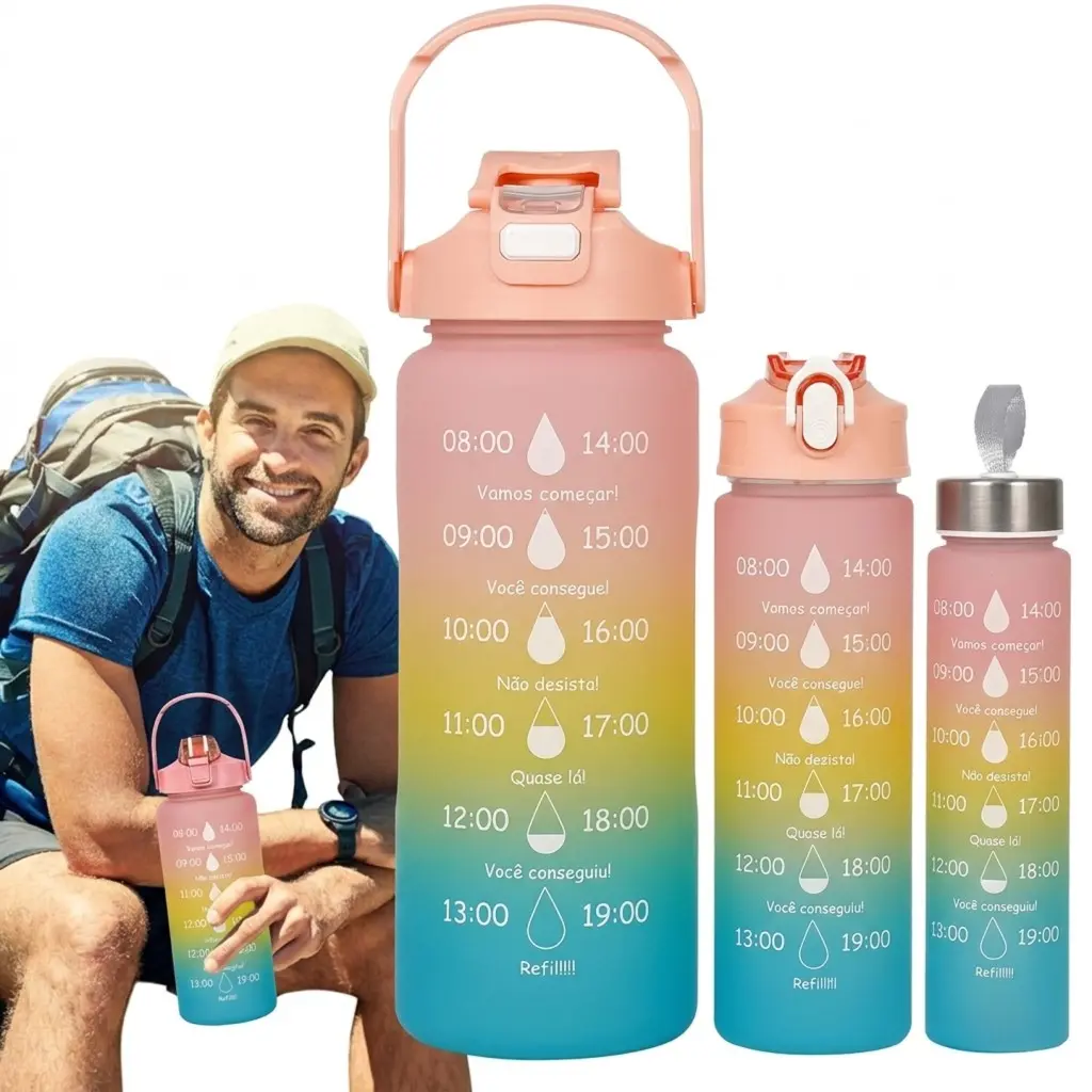 3-Pack tricolor sports water bottle - leak-proof travel bottle with handle, fitness bottle cup with lid, hydration reminder bottle with time stamp, for camping, sports and exercise, Portable Drinking Bottle, Refillable Bottle