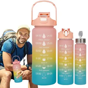 3-Pack tricolor sports water bottle - leak-proof travel bottle with handle, fitness bottle cup with lid, hydration reminder bottle with time stamp, for camping, sports and exercise