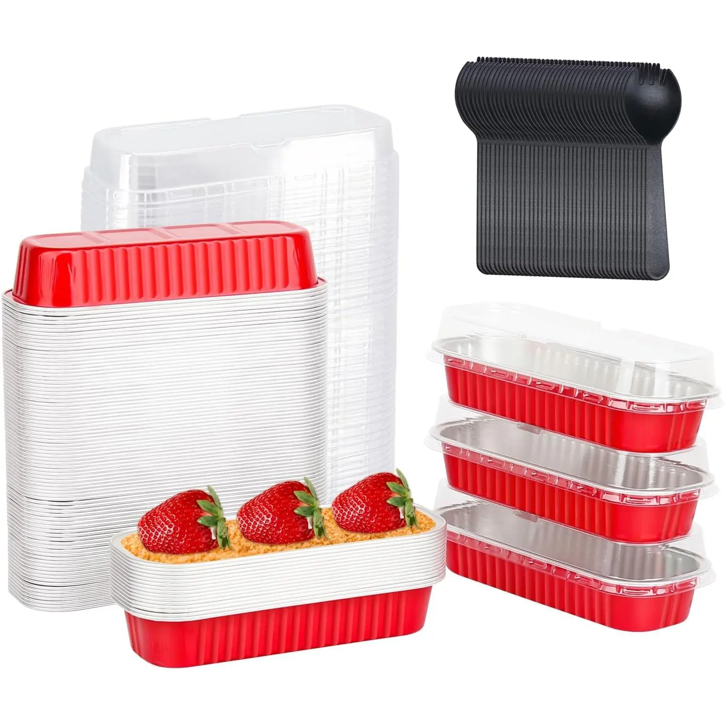 Disposable Mini Cake Pans with Lids 100 Pack, 6.8oz Rectangle Mini Loaf Pan Baking Cups Muffin Tin,Aluminum Foil Cupcake Baking Tins Mini Loaf Containers for Christmas New Year-Red