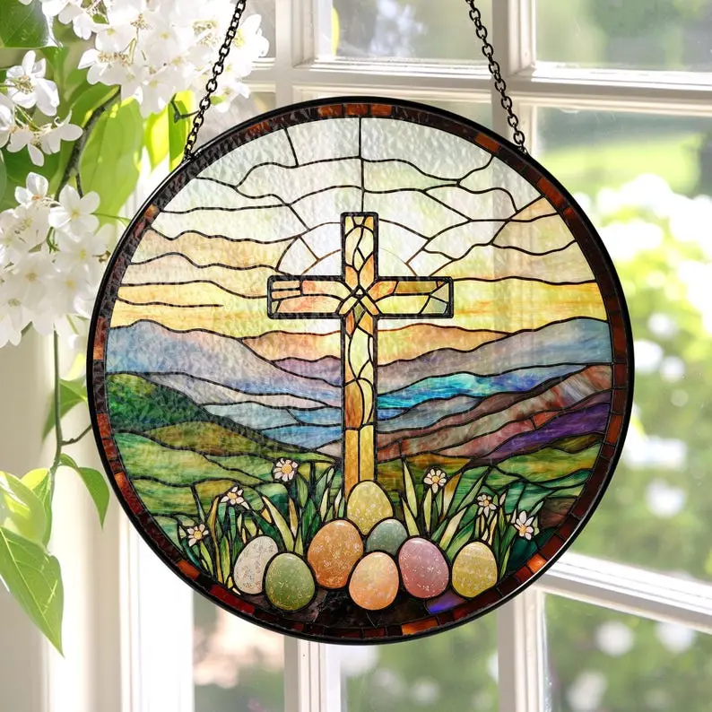 Easter Cross Christian Stain Glass Suncatcher, Easter Christian Stain Glass, Religious Easter Decoration, Christian Easter Egg Suncatcher