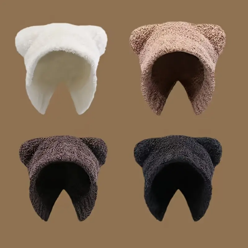 Women's Cute Bear Ear Beanie, Animal-Themed Warm Polyester Pullover with Ear Covers and Buckle, Breathable & Fitted for Fall/Winter, Animals, Female