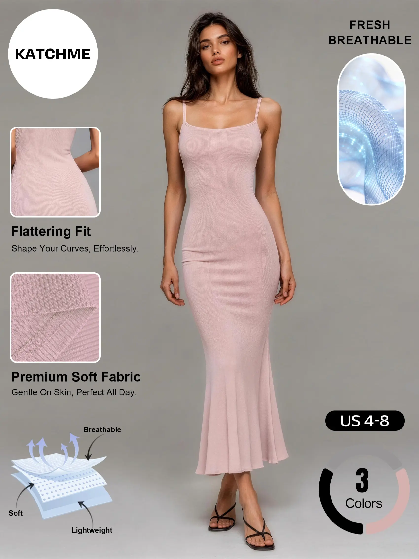 Katch Me Chic Women's Elegant Solid Color Flattering Dress with Chest Pad, Summer Thin Strap Slight Mermaid Tail Maxi Dress, Lightweight Stretch Daily Outfit, Hip-Lifting Shape for A Curvy Figure