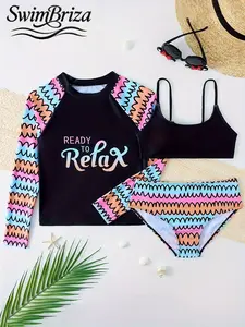 Briza｜Long Sleeve Swim Shirt Three Piece Bikini Sets In Black Pastel Multicolor Wave Print With Scoop Bikini Top And Mid Rise Bottoms, A Cute Bathing Suit For Beach Vacation And Resort Days, Two-Piece Swimsuit Coverage Ready To Relax
