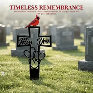 Metal Cemetery Memorial Plaque, 6x12 Inch Cardinal Grave Marker, Cross, 'miss You' Script, Heart Accent, Outdoor Stake for Cemetery, Garden
