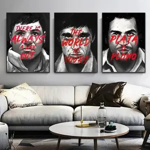 Gangster Portrait Canvas Art with Red Quotes Featuring Tony Montana Scarface and Escobar for Bold Modern Wall Decoration Set Ornaments Abstract Face Design Illustrations
