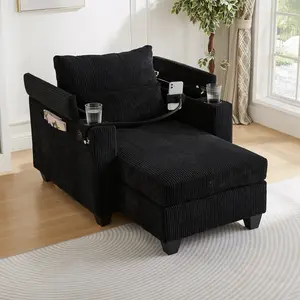 37.4"Convertible Chaise Lounge  Sofa Chair Sofa Bed Corduroy Sleeper Sofa with USB Ports , Two Cup Holders, Phone Holder and Ample Storage Space for Living Room and Bedroom, Black