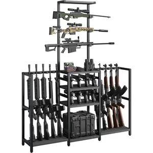 68" Tall Gun Rack, Indoor Gun Racks for Floor Standing Gun Display Stand, Rustic Wooden Gun Stand with Soft Padding and Pistol Holder, Holds up 13 Long Guns and 8 Handguns(Black, 53.3" L)