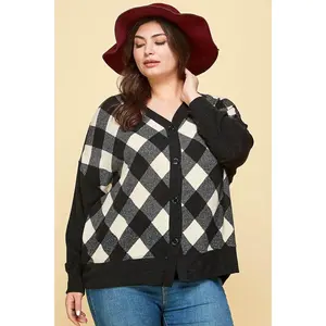Plus Size Buffalo Plaid Knit Button Up Oversize Cardigan