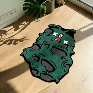 Cartoon Moss Monster Shape Rug, Playful Fun Ghost Face Stone Design, Dark Block Plush Mat, Washable Non-Slip Decorative Carpet