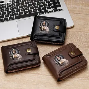 Religious Jesus Print Wallet Genuine Leather Mens Bifold Coin Purse Card Holder for Daily Use Classic Style Suitable for Holiday Gifts Easter Christmas Fathers Day Special Occasions Durable and Stylish Accessory