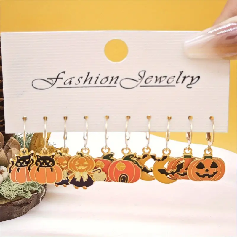 10-Piece Halloween Earring Set for Women, Cartoon Pumpkin, Ghost & Animal Enamel Alloy Jewelry, Horror Style Hoop, Dangle & Clip-On Mix for Birthday Party, Cruelty Free, 1 Set, Ear Hoops, Animals